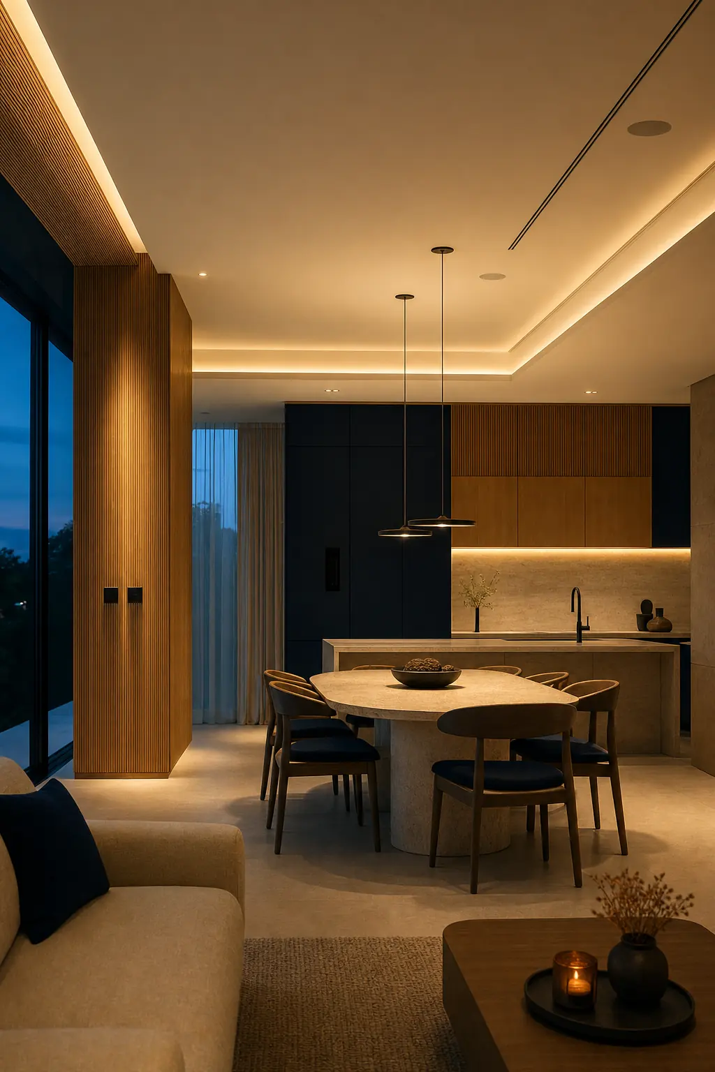 Cozinha e sala de jantar ao anoitecer com iluminação em camadas
