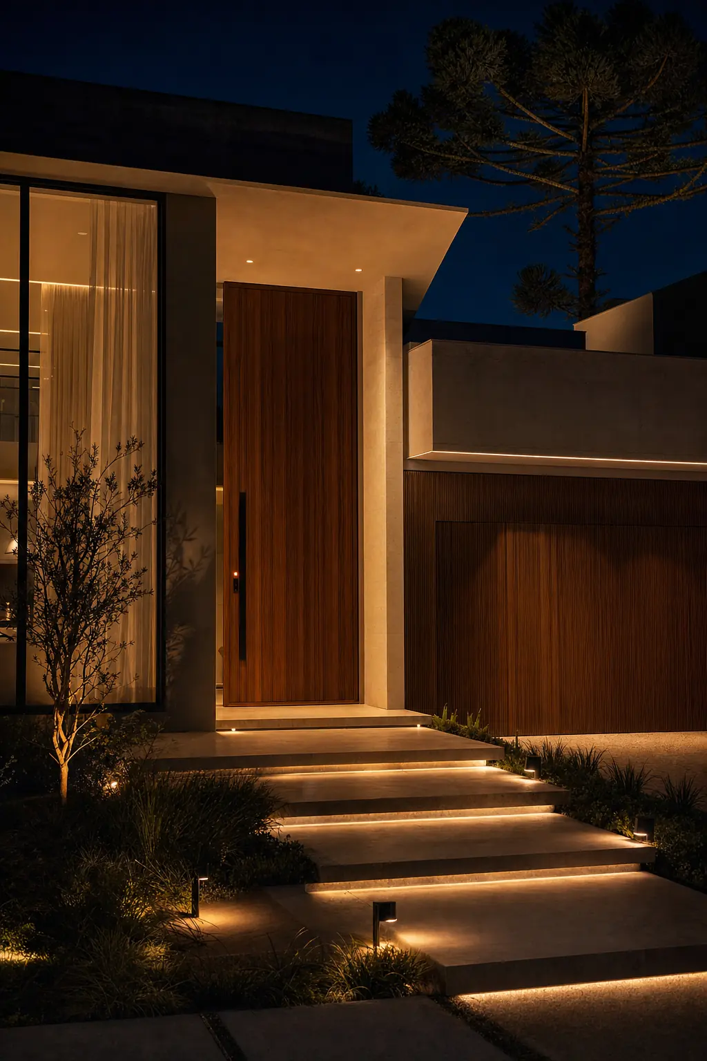 Entrada da casa à noite com porta de madeira e fechadura digital
