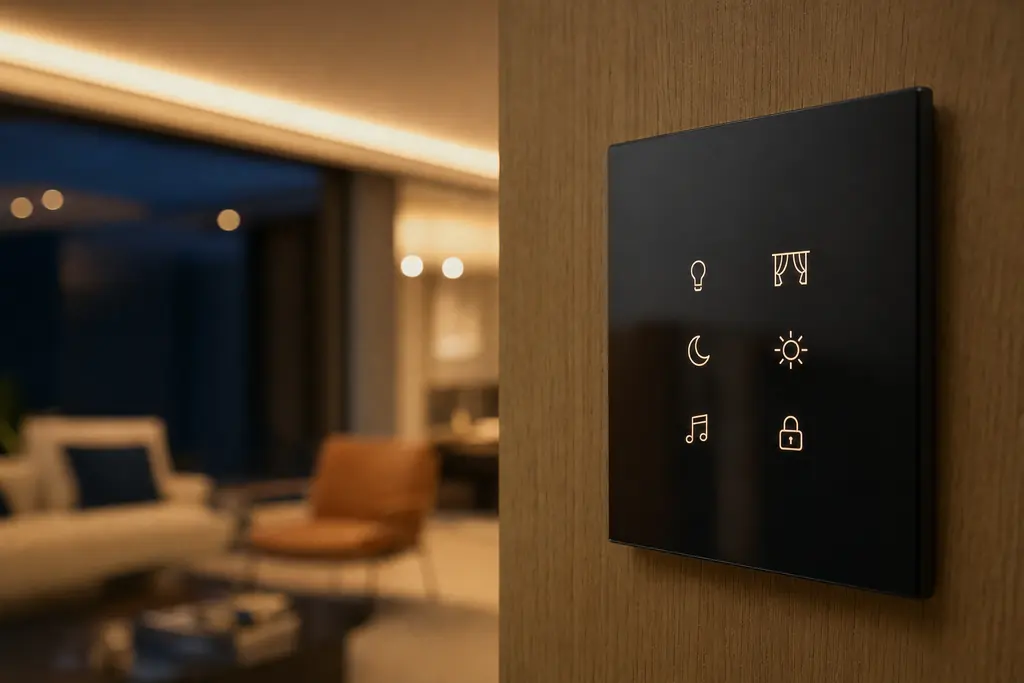 Teclado de parede em vidro preto com símbolos iluminados sobre painel de madeira