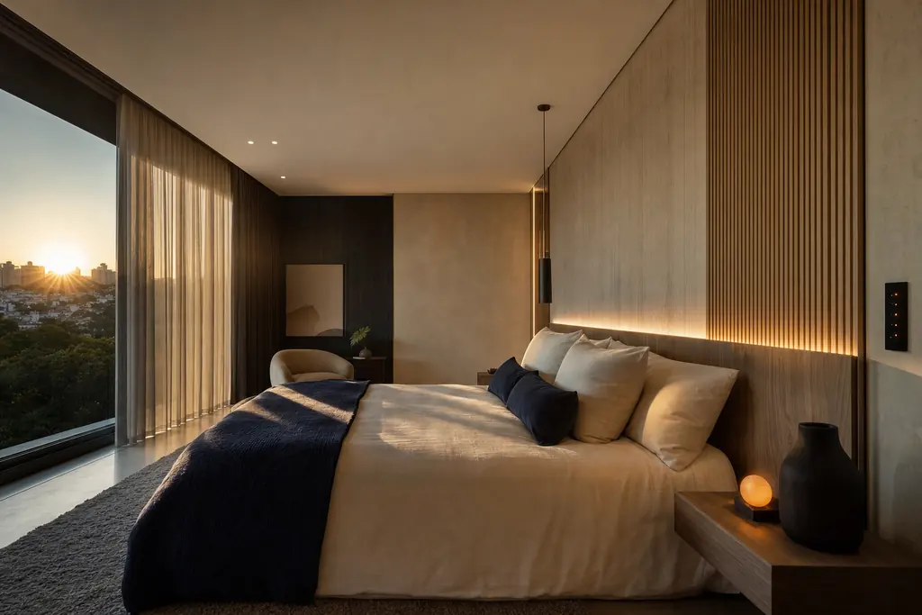 Suíte ao amanhecer com cortinas abrindo e luz suave