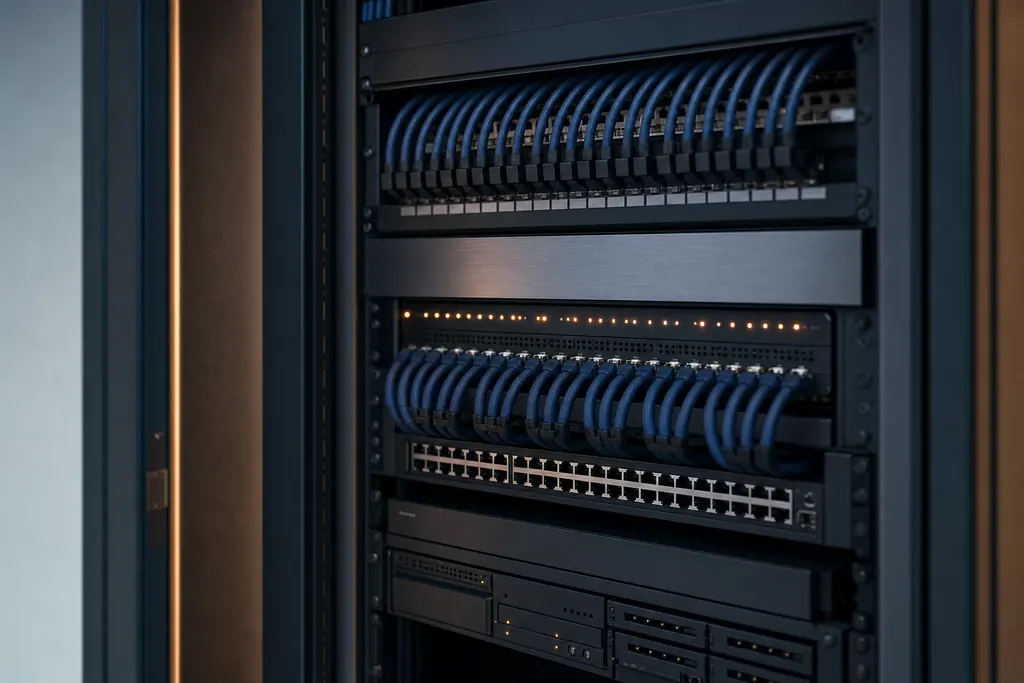 Rack de rede organizado com cabos identificados e luzes de status